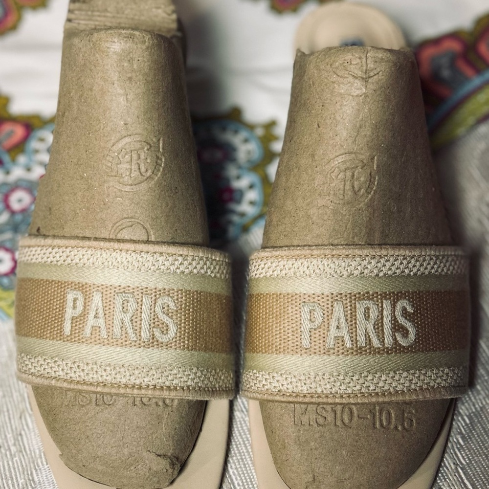 STUNAHOME Paris Woven Square Toe Slip On Low Block Chunky Heeled Sandals Beige 9